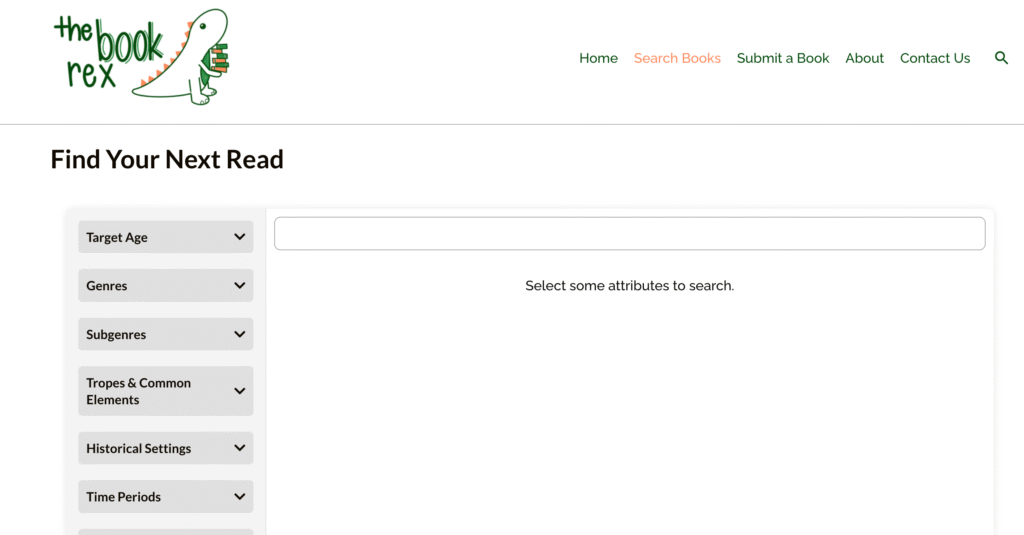 The Book Rex search page showing empty dropdowns for genre, tropes, and filters before a user begins a book search